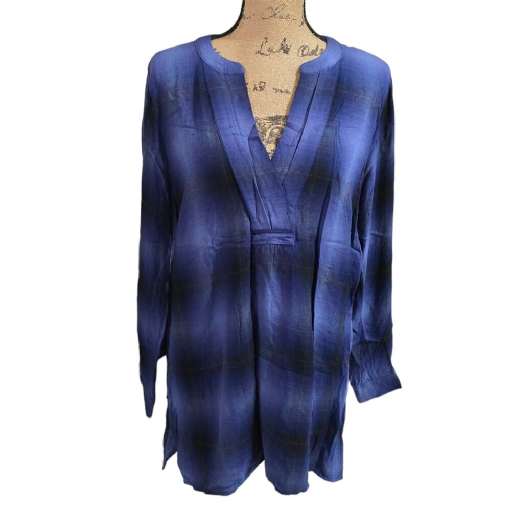 J.Jill Plaid Blue Plaid Long Sleeve V Neck Notched‎ Tunic Top Long Sleeve Medium